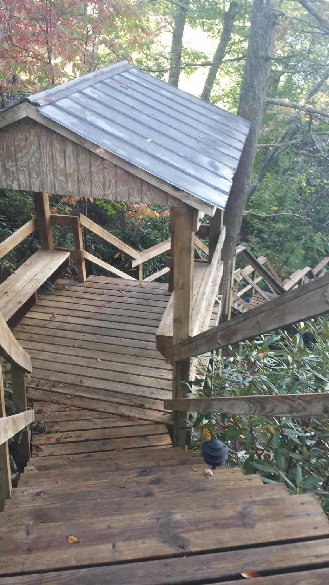 Metal roofed shelter over wooden steps on a wooded walkway — Skylight Repair & Installation work by our crew in Saint Donatus